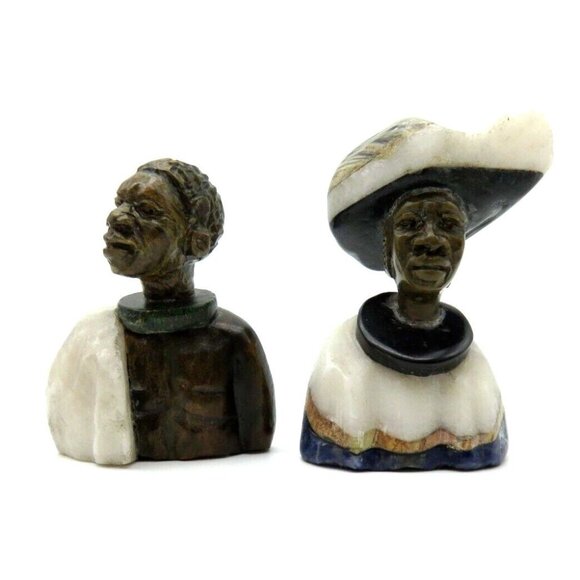 Small Stone Bust Set Colourful Hand Carved in Zimbabwe Africa 3.1" and 2.7" Tall - Picture 1 of 8
